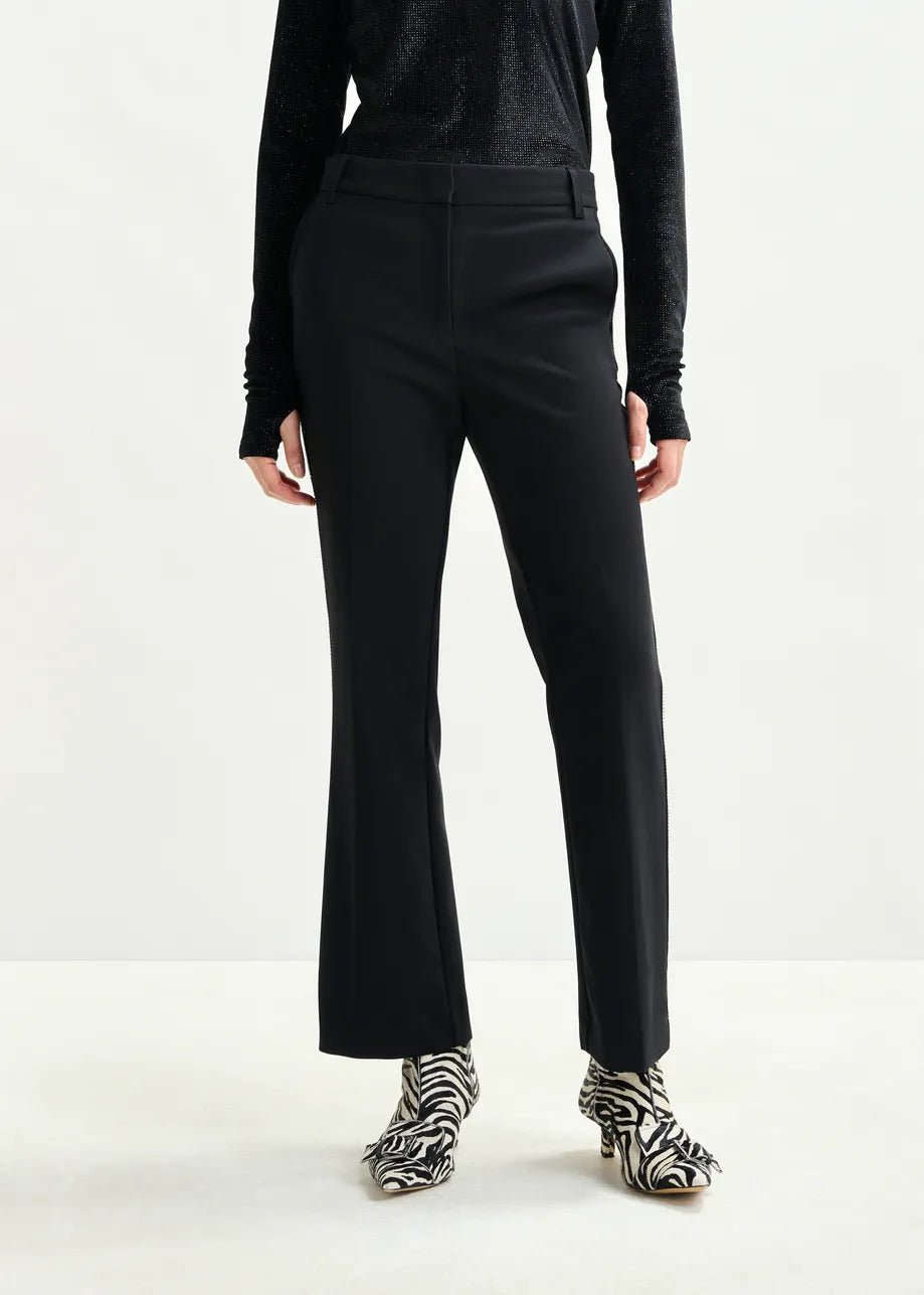 Essentiel Antwerp Black flared pants with rhinestone - embellsihed sideseams - Fifi & Moose BoutiqueFifi & Moose BoutiqueFifi & Moose BoutiqueClothing