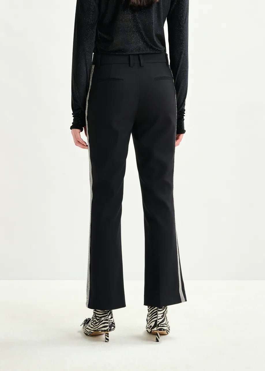 Essentiel Antwerp Black flared pants with rhinestone - embellsihed sideseams - Fifi & Moose BoutiqueFifi & Moose BoutiqueFifi & Moose BoutiqueClothing