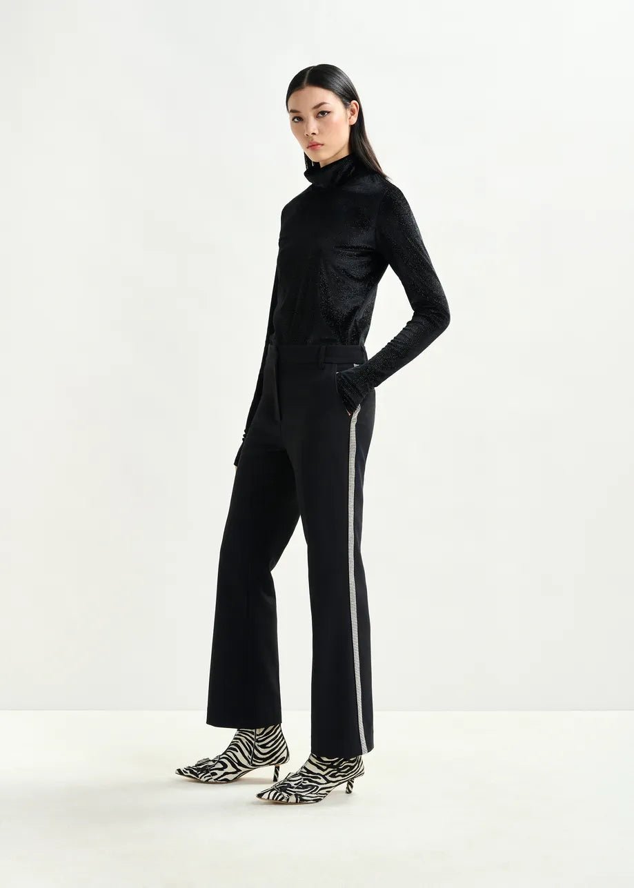 Essentiel Antwerp Black flared pants with rhinestone - embellsihed sideseams - Fifi & Moose BoutiqueFifi & Moose BoutiqueFifi & Moose BoutiqueClothing