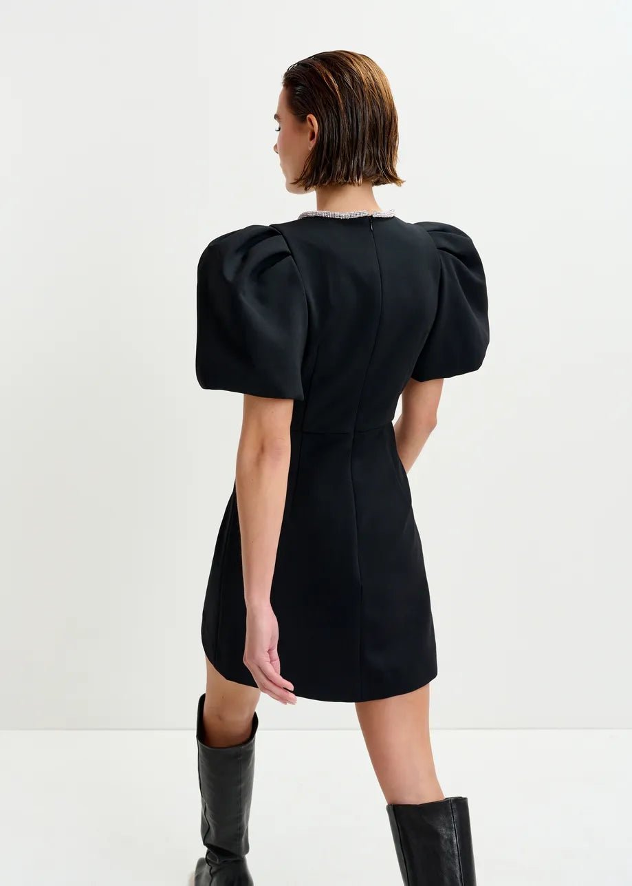 Essentiel Antwerp Black mini dress with puff sleeves and keyhold neckline - Fifi & Moose BoutiqueFifi & Moose BoutiqueFifi & Moose BoutiqueClothing