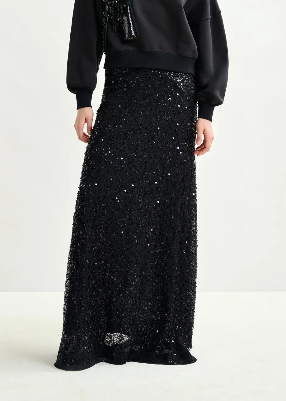 Essentiel Antwerp Black panelled maxi skirt with sequin and bead embellishments - Fifi & Moose BoutiqueFifi & Moose BoutiqueFifi & Moose BoutiqueClothing