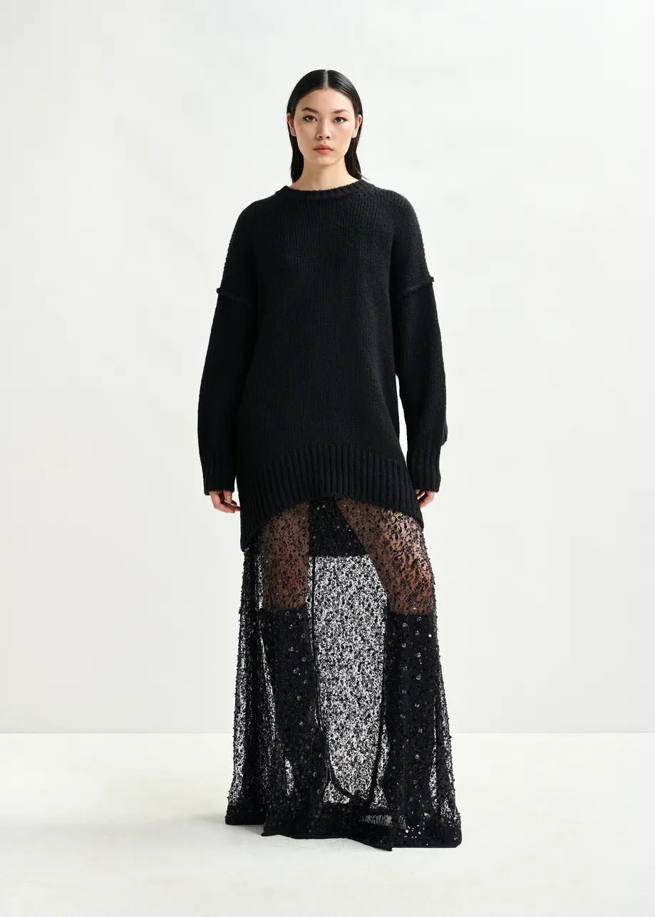 Essentiel Antwerp Black panelled maxi skirt with sequin and bead embellishments - Fifi & Moose BoutiqueFifi & Moose BoutiqueFifi & Moose BoutiqueClothing