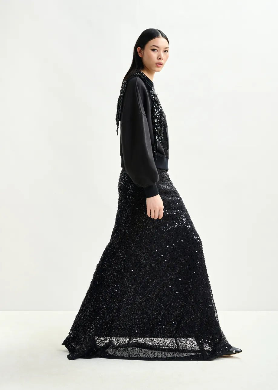 Essentiel Antwerp Black panelled maxi skirt with sequin and bead embellishments - Fifi & Moose BoutiqueFifi & Moose BoutiqueFifi & Moose BoutiqueClothing
