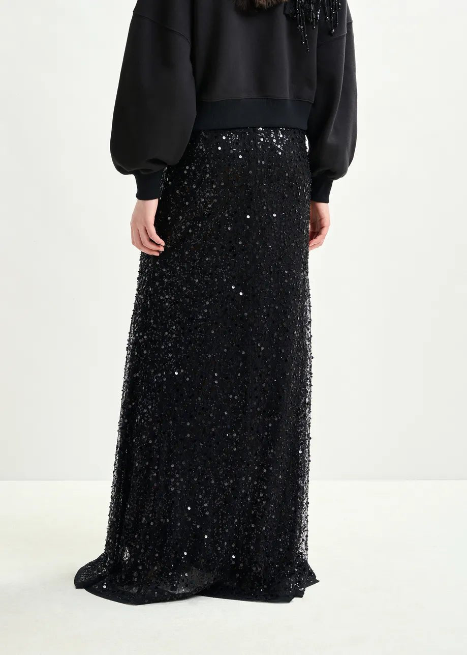 Essentiel Antwerp Black panelled maxi skirt with sequin and bead embellishments - Fifi & Moose BoutiqueFifi & Moose BoutiqueFifi & Moose BoutiqueClothing