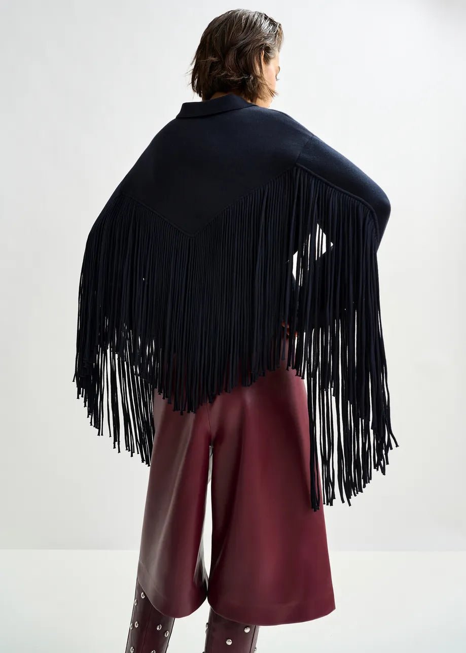 Essentiel Antwerp Istern Navy cropped knitted jacket with fringe details - Fifi & Moose BoutiqueFifi & Moose BoutiqueFifi & Moose BoutiqueCoats & Jackets
