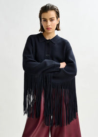 Essentiel Antwerp Istern Navy cropped knitted jacket with fringe details - Fifi & Moose BoutiqueFifi & Moose BoutiqueFifi & Moose BoutiqueCoats & Jackets
