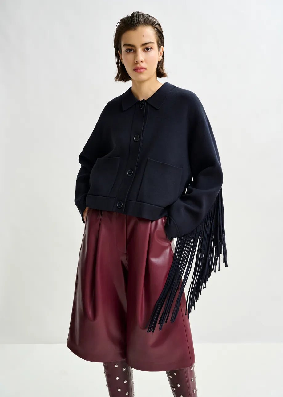Essentiel Antwerp Istern Navy cropped knitted jacket with fringe details - Fifi & Moose BoutiqueFifi & Moose BoutiqueFifi & Moose BoutiqueCoats & Jackets