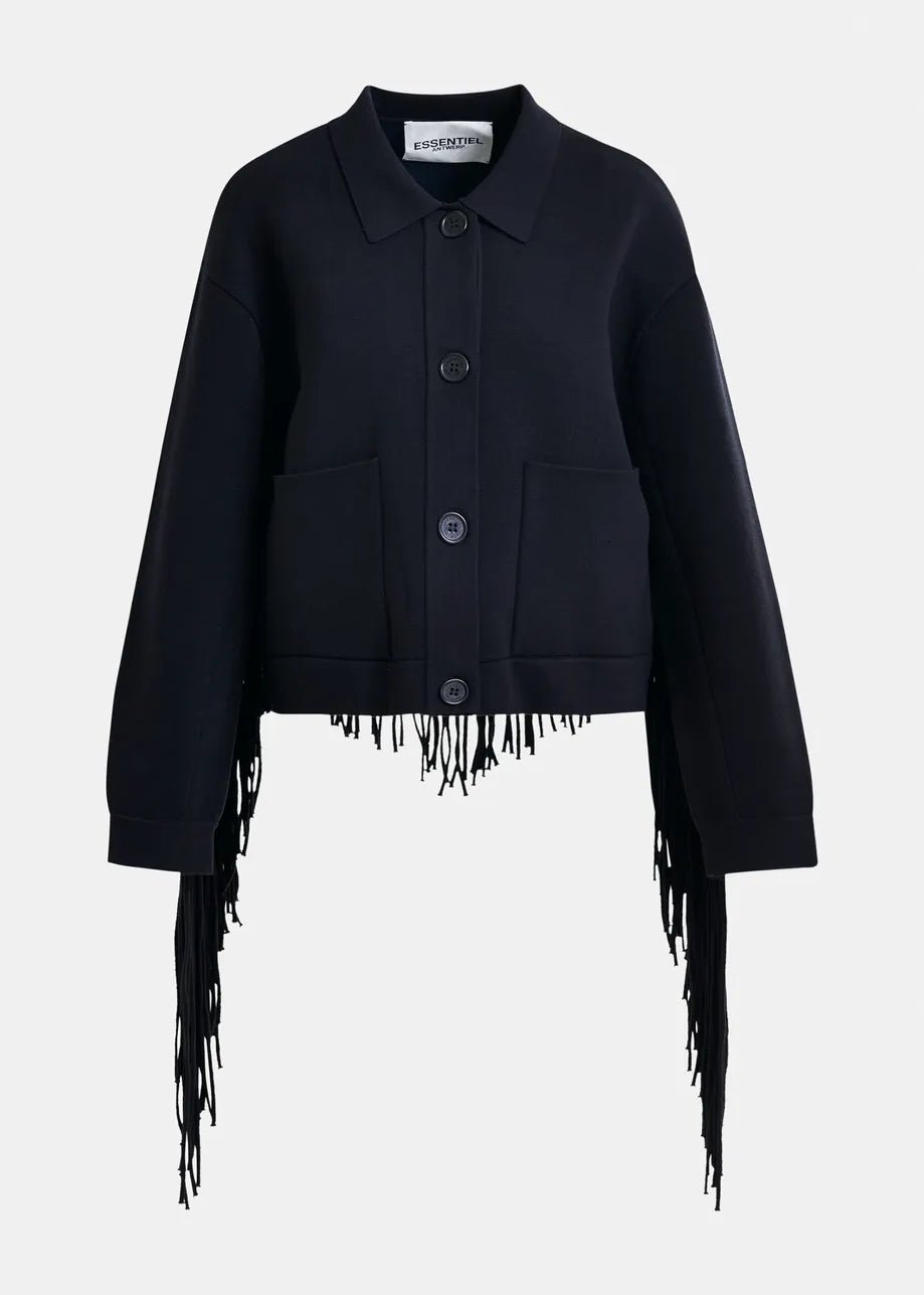 Essentiel Antwerp Istern Navy cropped knitted jacket with fringe details - Fifi & Moose BoutiqueFifi & Moose BoutiqueFifi & Moose BoutiqueCoats & Jackets