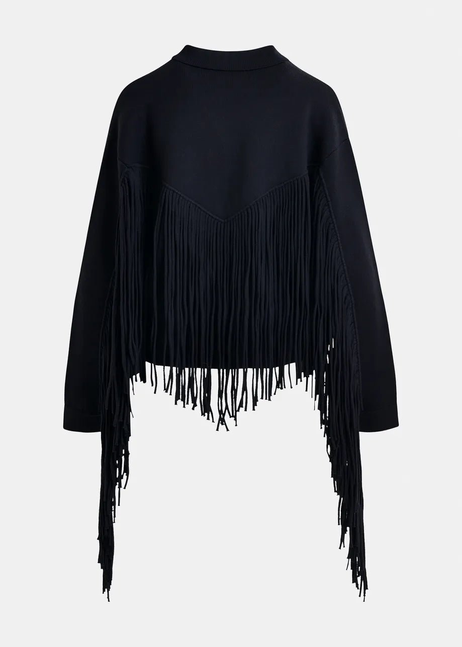 Essentiel Antwerp Istern Navy cropped knitted jacket with fringe details - Fifi & Moose BoutiqueFifi & Moose BoutiqueFifi & Moose BoutiqueCoats & Jackets