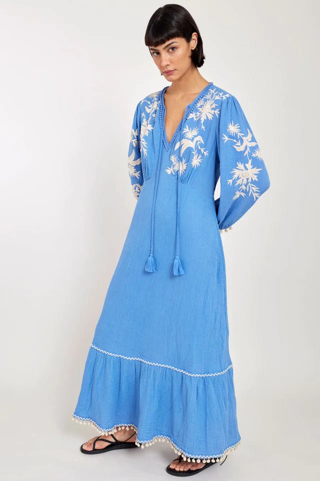 East Heritage Fern Embroidered Blue Cotton Gauze Dress