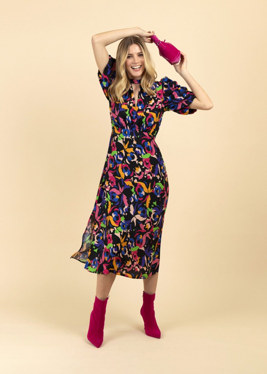 Fee G Vienna High Neck Gathered Sleeve Print Dress 10 Black