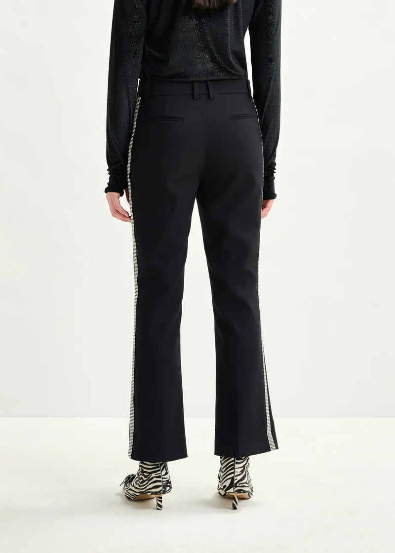 Essentiel Antwerp Black flared pants with rhinestone - embellsihed sideseams - Fifi & Moose BoutiqueFifi & Moose BoutiqueFifi & Moose BoutiqueClothing