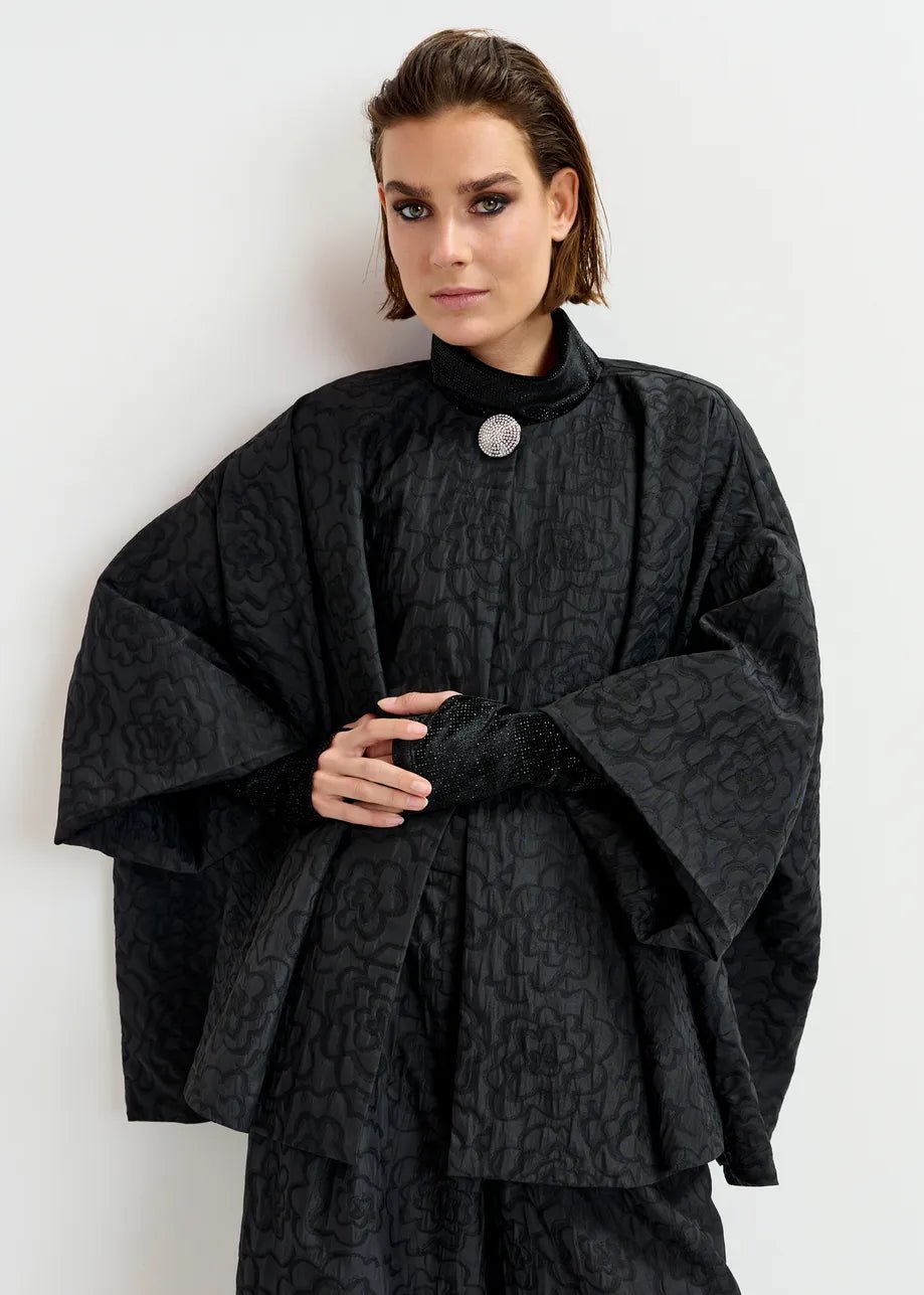 Essentiel Antwerp Black Jacquard oversized cape jacket - Fifi & Moose BoutiqueFifi & Moose BoutiqueFifi & Moose BoutiqueClothing