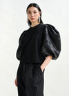 Essentiel Antwerp Black jersey T-shirt with voluminous jacquard sleeves - Fifi & Moose BoutiqueFifi & Moose BoutiqueFifi & Moose BoutiqueClothing