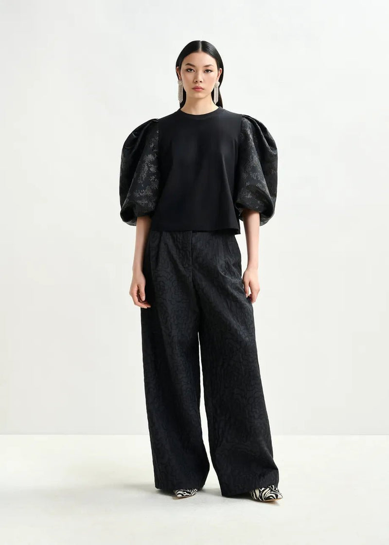 Essentiel Antwerp Black jersey T-shirt with voluminous jacquard sleeves - Fifi & Moose BoutiqueFifi & Moose BoutiqueFifi & Moose BoutiqueClothing