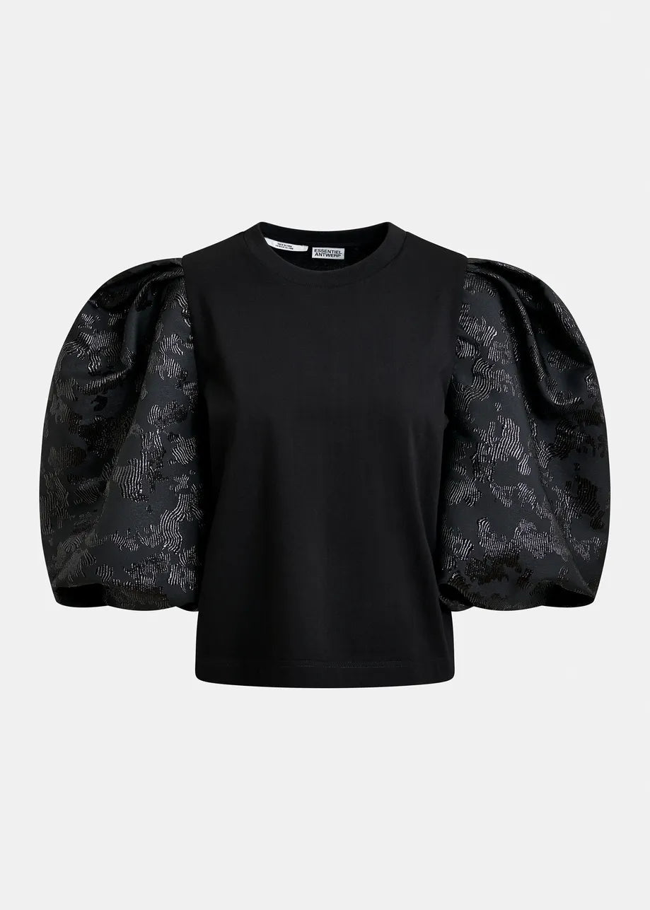 Essentiel Antwerp Black jersey T-shirt with voluminous jacquard sleeves - Fifi & Moose BoutiqueFifi & Moose BoutiqueFifi & Moose BoutiqueClothing