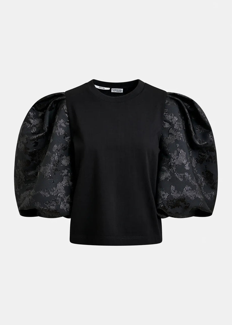 Essentiel Antwerp Black jersey T-shirt with voluminous jacquard sleeves - Fifi & Moose BoutiqueFifi & Moose BoutiqueFifi & Moose BoutiqueClothing