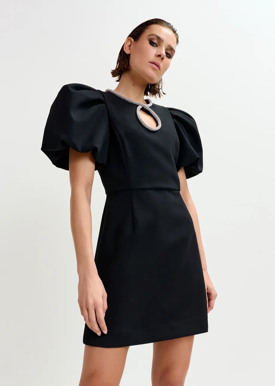 Essentiel Antwerp Black mini dress with puff sleeves and keyhold neckline - Fifi & Moose BoutiqueFifi & Moose BoutiqueFifi & Moose BoutiqueClothing