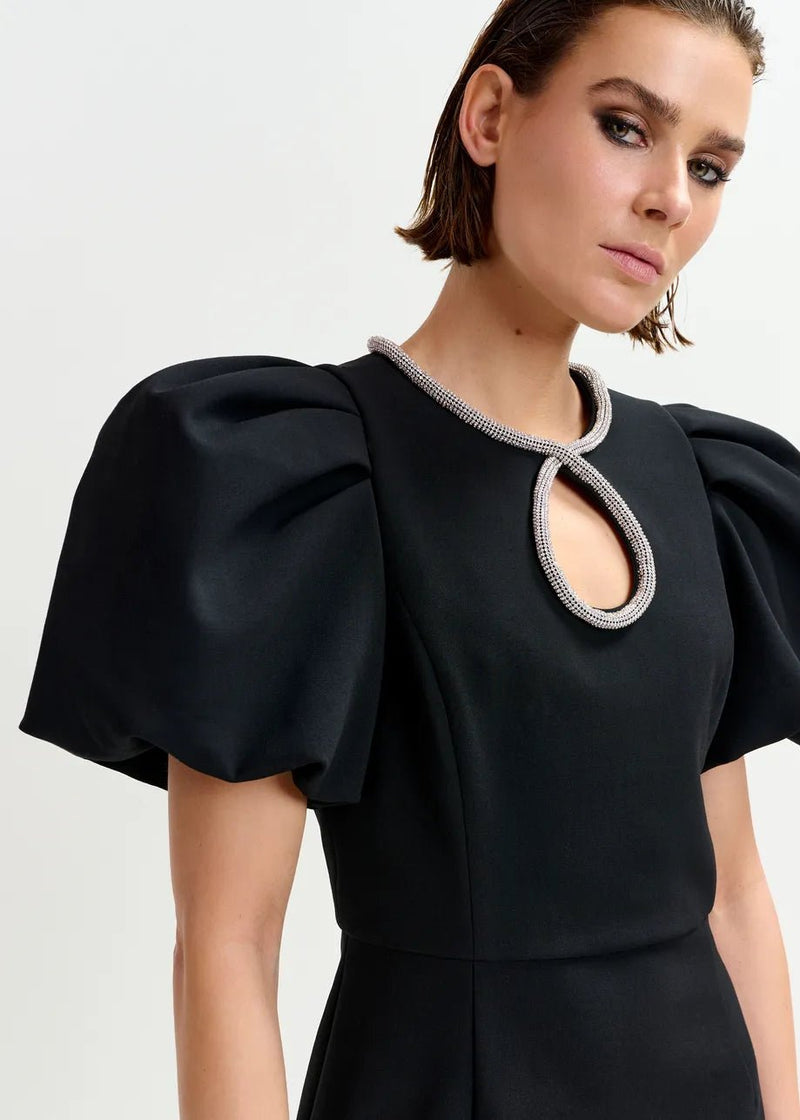 Essentiel Antwerp Black mini dress with puff sleeves and keyhold neckline - Fifi & Moose BoutiqueFifi & Moose BoutiqueFifi & Moose BoutiqueClothing