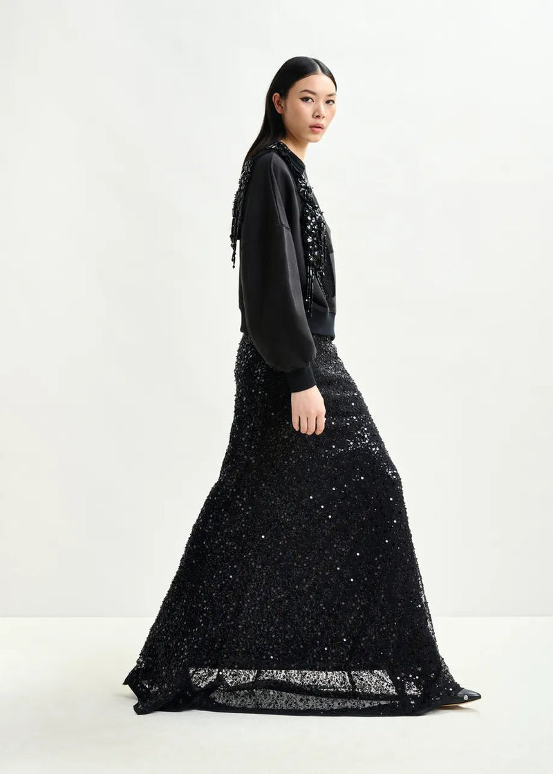 Essentiel Antwerp Black panelled maxi skirt with sequin and bead embellishments - Fifi & Moose BoutiqueFifi & Moose BoutiqueFifi & Moose BoutiqueClothing