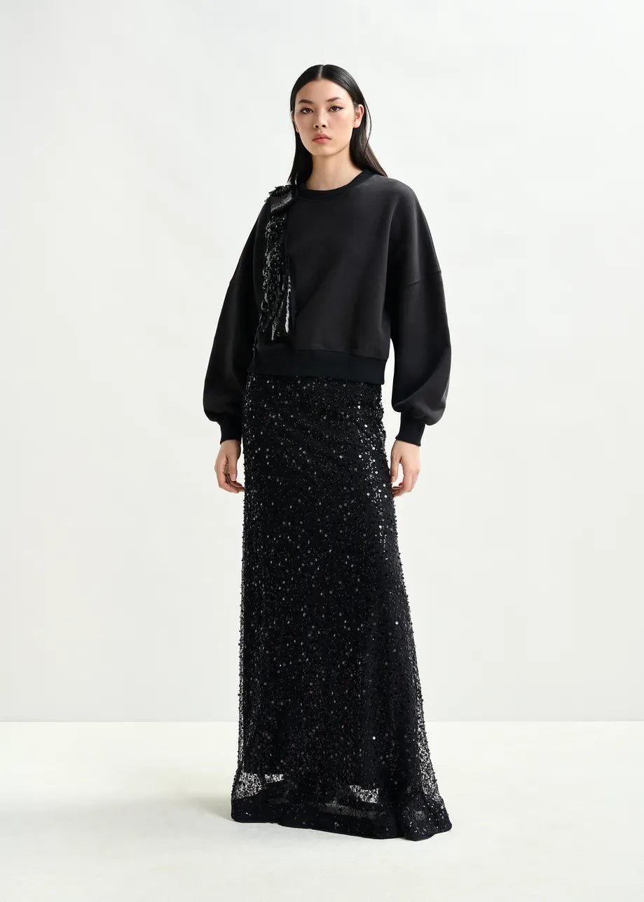Essentiel Antwerp Black panelled maxi skirt with sequin and bead embellishments - Fifi & Moose BoutiqueFifi & Moose BoutiqueFifi & Moose BoutiqueClothing