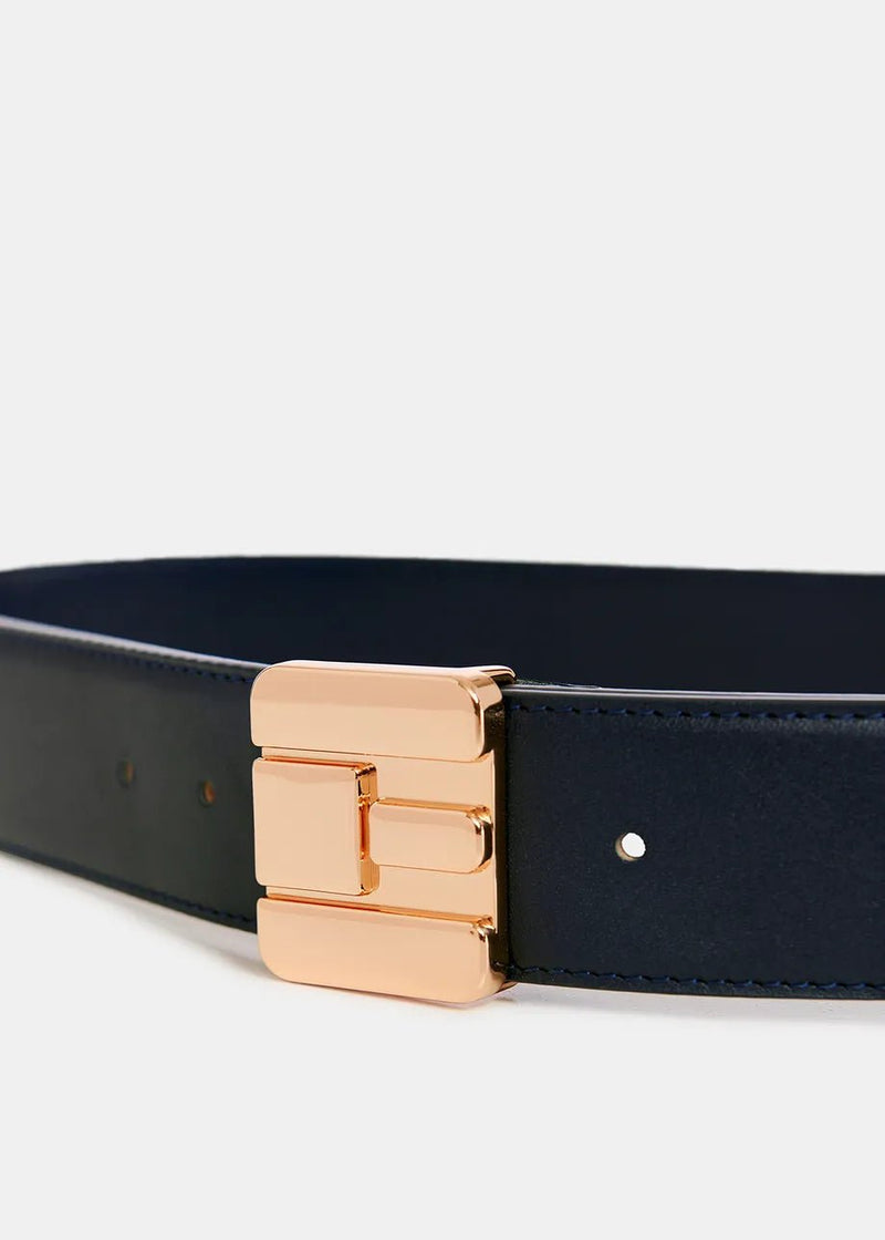 Essentiel Antwerp Gelt logo buckle leather belt in Evening Blue - Fifi & Moose BoutiqueFifi & MooseFifi & Moose BoutiqueBelt