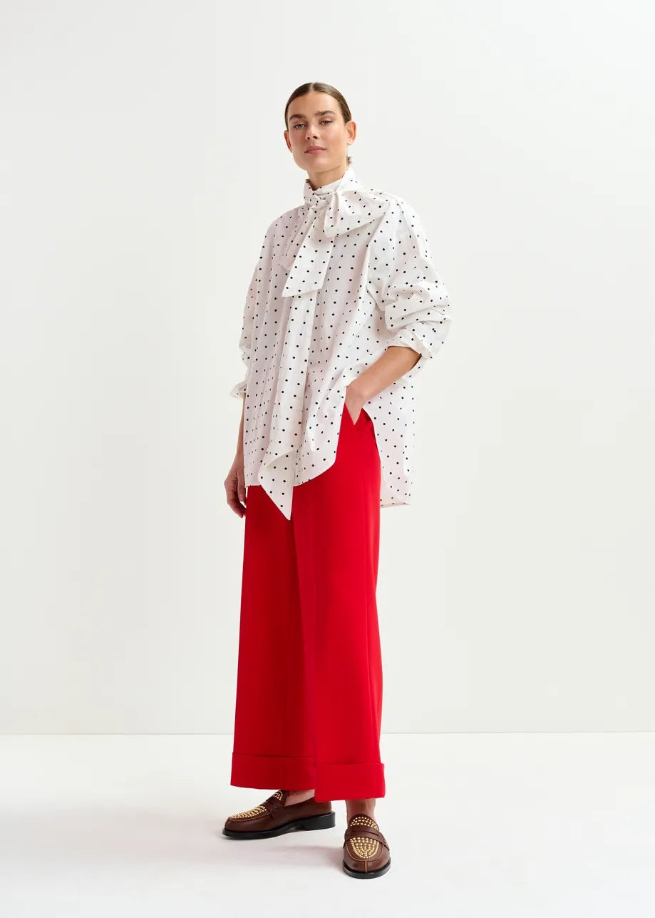Essentiel Antwerp Imoverit white and black polkadot cotton shirt with pussy bow - Fifi & Moose BoutiqueFifi & MooseFifi & Moose BoutiqueBlouse Shirt