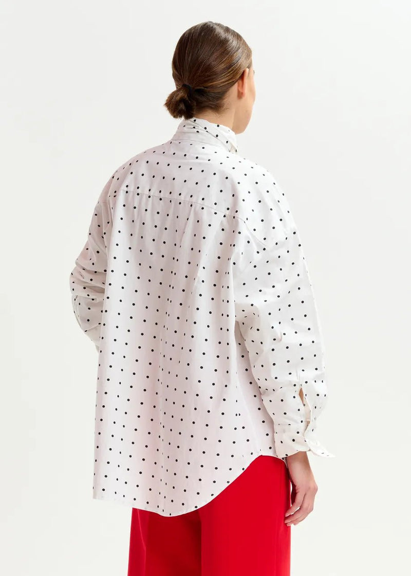Essentiel Antwerp Imoverit white and black polkadot cotton shirt with pussy bow - Fifi & Moose BoutiqueFifi & MooseFifi & Moose BoutiqueBlouse Shirt