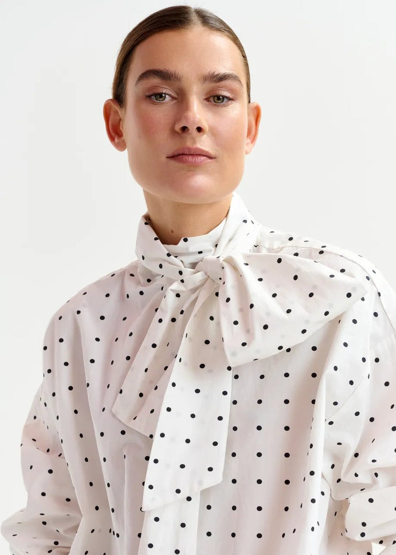 Essentiel Antwerp Imoverit white and black polkadot cotton shirt with pussy bow - Fifi & Moose BoutiqueFifi & MooseFifi & Moose BoutiqueBlouse Shirt