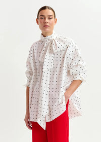 Essentiel Antwerp Imoverit white and black polkadot cotton shirt with pussy bow - Fifi & Moose BoutiqueFifi & MooseFifi & Moose BoutiqueBlouse Shirt