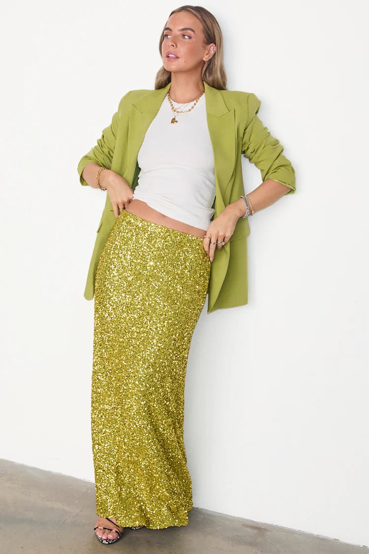 Never Fully Dressed Lime Sequin Dorris Skirt - Fifi & Moose BoutiqueFifi & MooseFifi & Moose BoutiqueSkirt